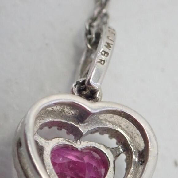 JBWR 925 Platinum Plated Pink Sapphire Heart Pendant & 18" Necklace - Picture 6 of 12